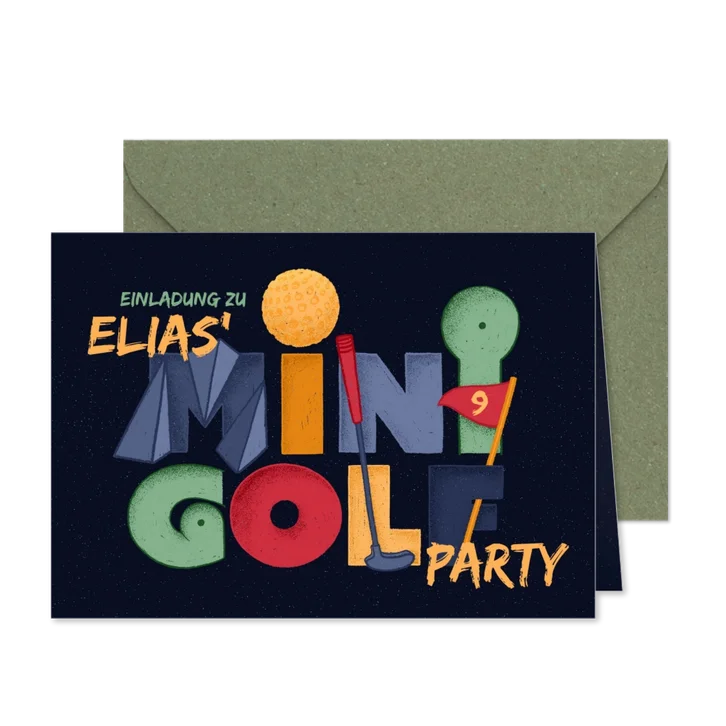 Einladung Minigolf-Party - Funky Lettering 9 Jahre