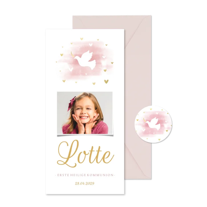 Einladung mit Foto zur Kommunion Wasserfarbe rosa Taube