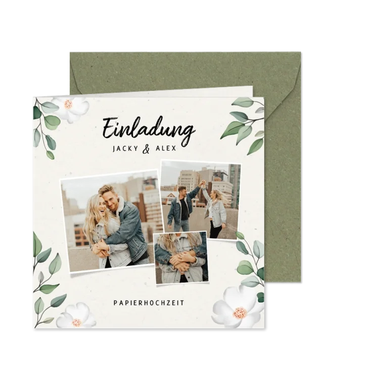 Einladung Papierhochzeit Fotocollage weiße Blüten