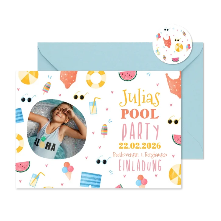 Einladung Pool Party rundes Foto 7. Geburtstag mit Mädchen