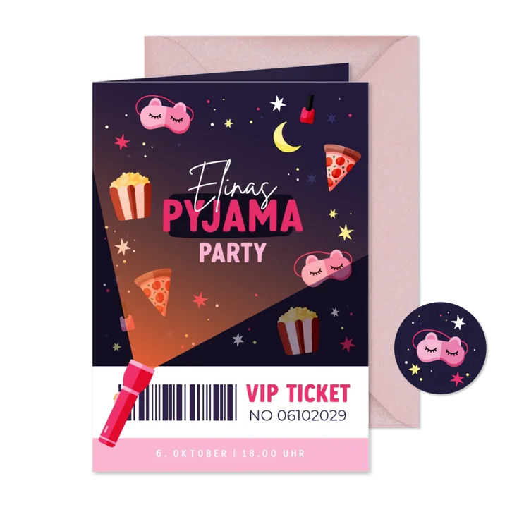 Einladung Pyjamaparty rosa VIP-Ticket Kindergeburtstag