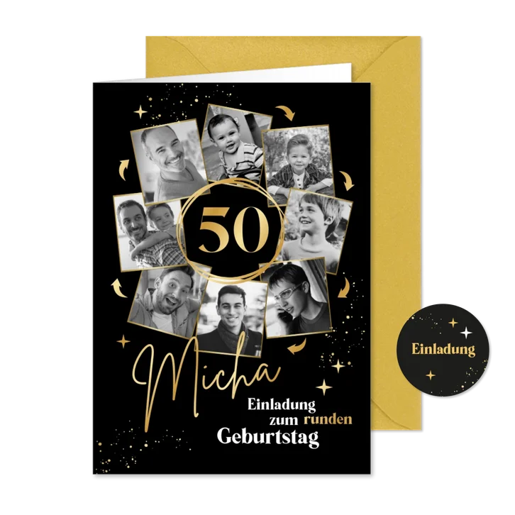 Einladung runder Geburtstag schwarz Fotos in Kreisform