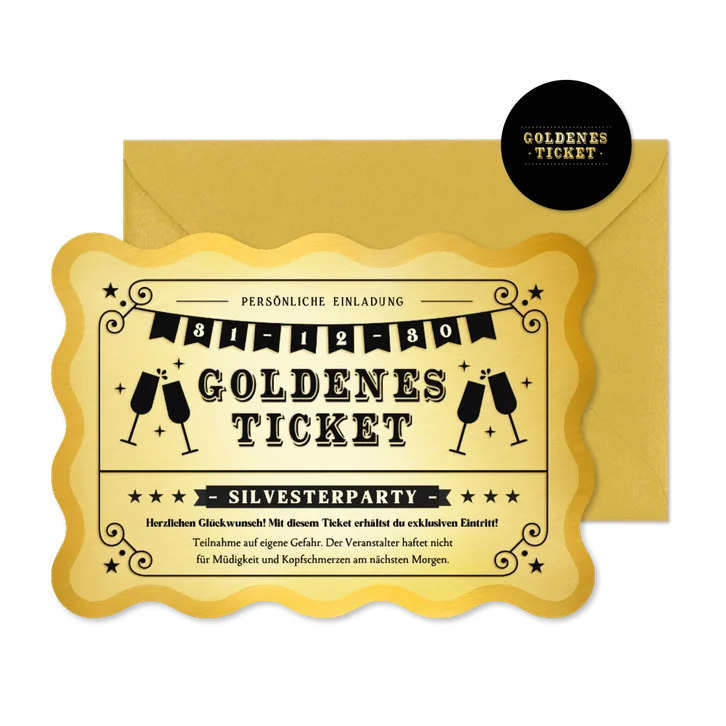 Einladung Silvesterparty Goldenes Ticket