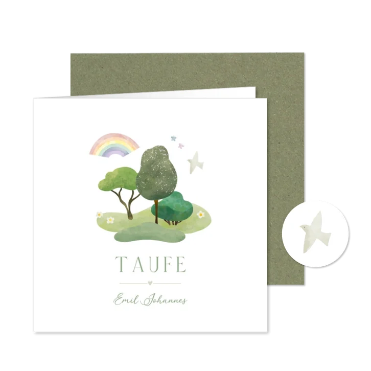 Einladung Taufe Bäume, Regenbogen & Taube