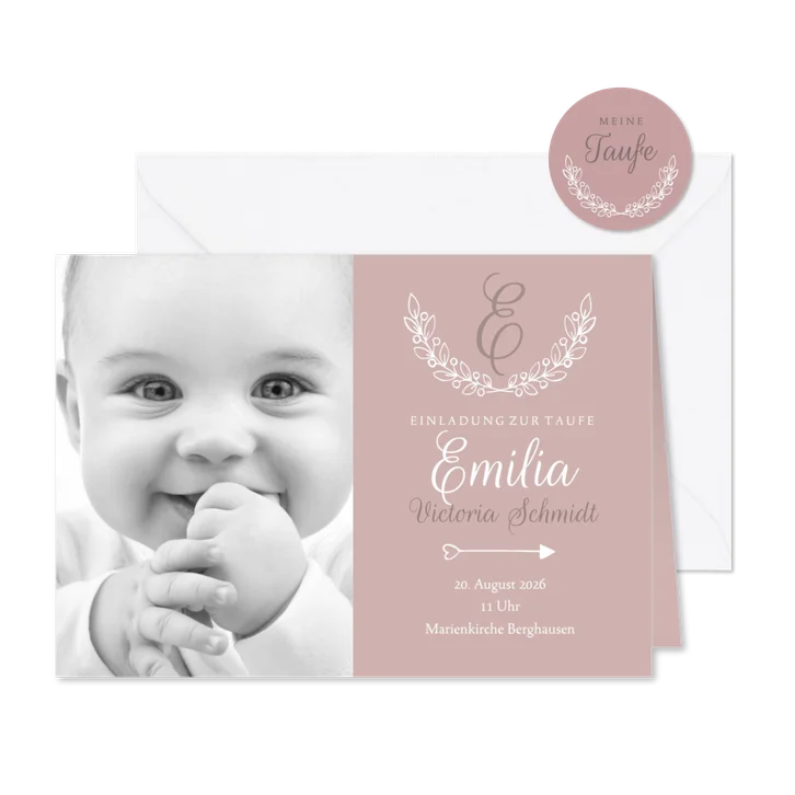 Einladung Taufe klassisch rosé eigenes Foto