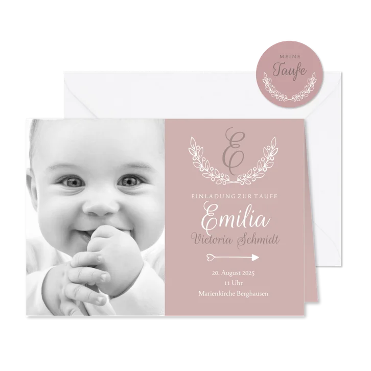 Einladung Taufe klassisch rosé eigenes Foto