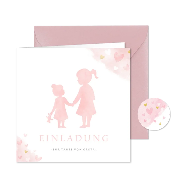 Einladung Taufe kleine & große Schwester rosa
