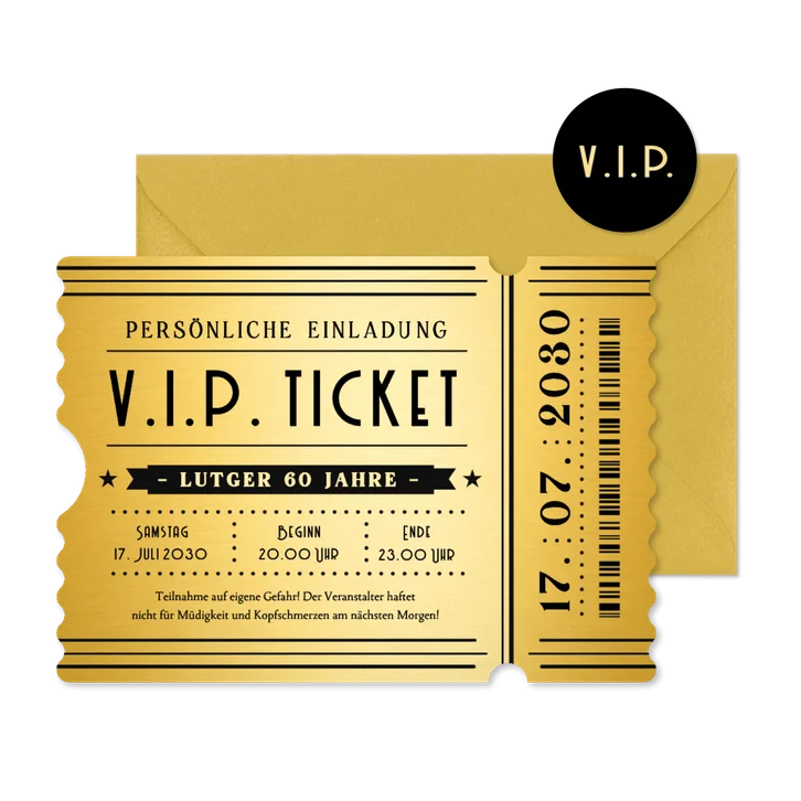 Einladung Ticketkarte gold V.I.P. 60. Geburtstag