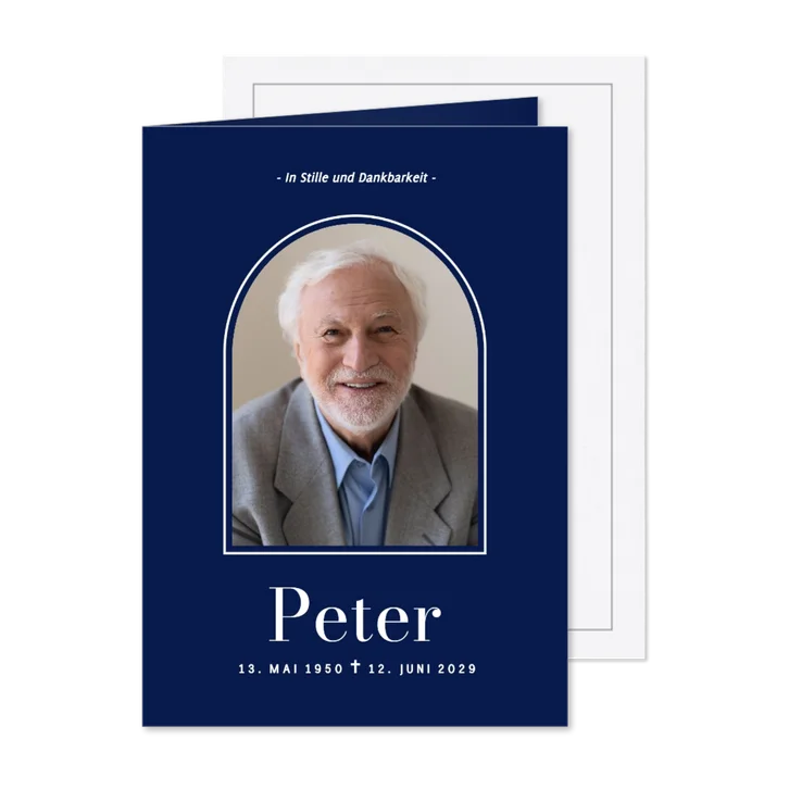Einladung Trauerfeier mit Foto Bogen dunkelblau 