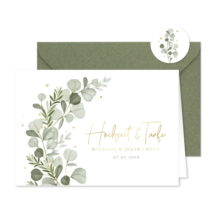 Einladung Traufe Aquarellzweige Goldschrift