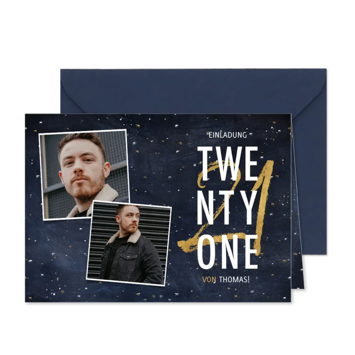 Einladung 'Twenty One' mit Fotos und goldener 21