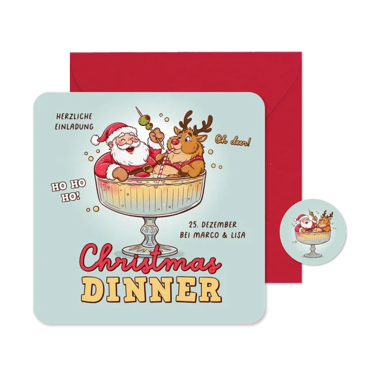 Einladung Weihnachtsessen lustiger Weihnachtsmann & Rentier