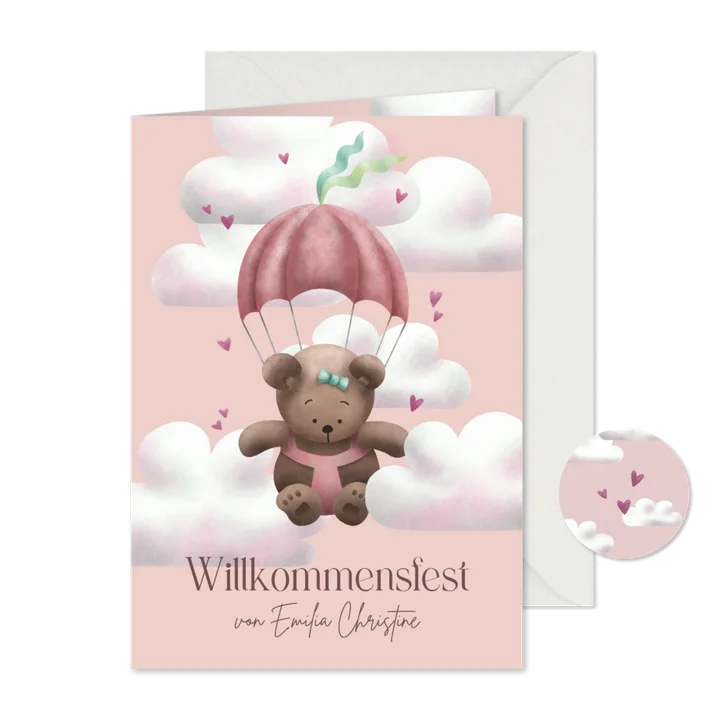 Einladung Willkommensfest Bär rosa mit Fallschirm