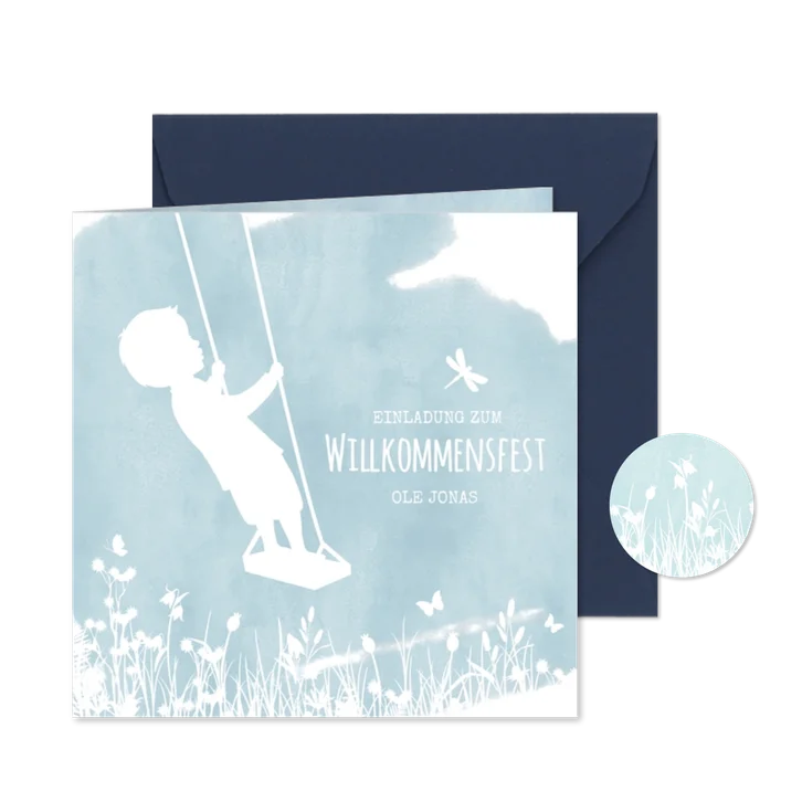 Einladung Willkommensfest Junge auf Schaukel