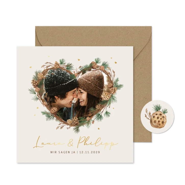 Einladung Winter Hochzeit Herz mit Tannenzweigen