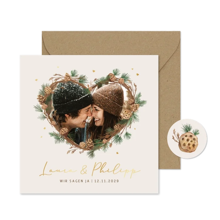 Einladung Winter Hochzeit Herz mit Tannenzweigen