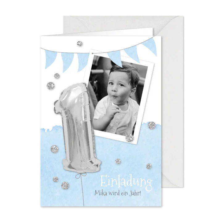 Einladung zum 1. Geburtstag blau Silberballon und Foto 