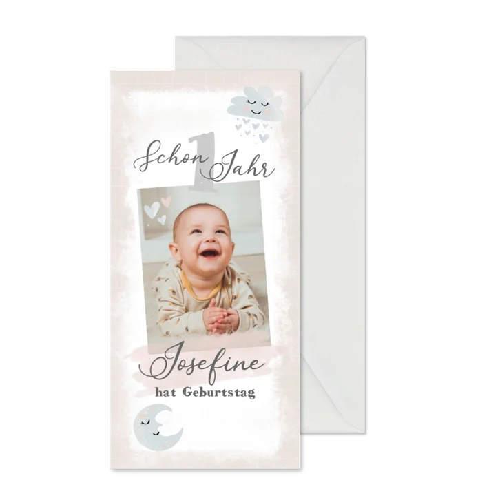 Einladung zum 1. Geburtstag mit Mond und Wölkchen