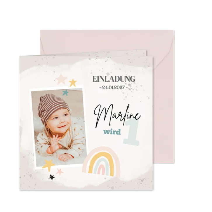 Einladung zum 1. Geburtstag mit niedlichem Regenbogen