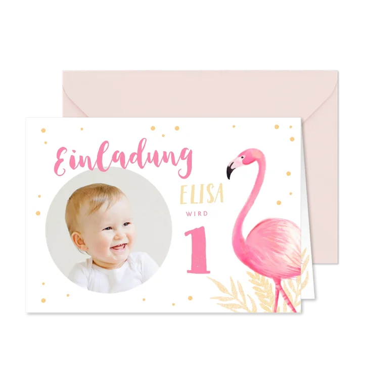 Einladung zum 1. Geburtstag rundes Foto und Flamingo