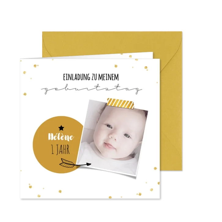 Einladung zum 1. Kindergeburtstag Goldschatz mit Foto