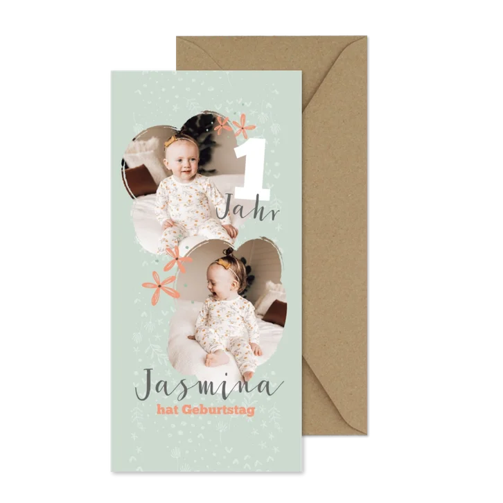 Einladung zum 1. Kindergeburtstag mit floralem Design