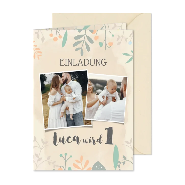 Einladung zum 1. Kindergeburtstag mit Ranken pastell