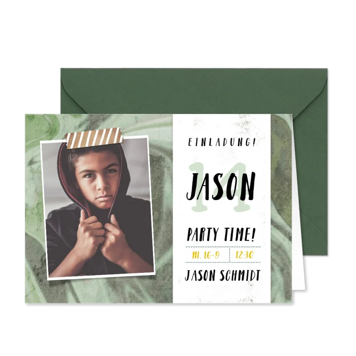 Einladung zum 14. Geburtstag grüne Graffiti Wand