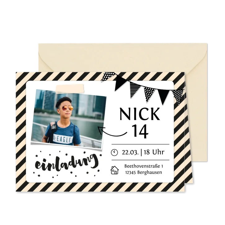Einladung zum 14. Geburtstag mit Foto und Rahmen