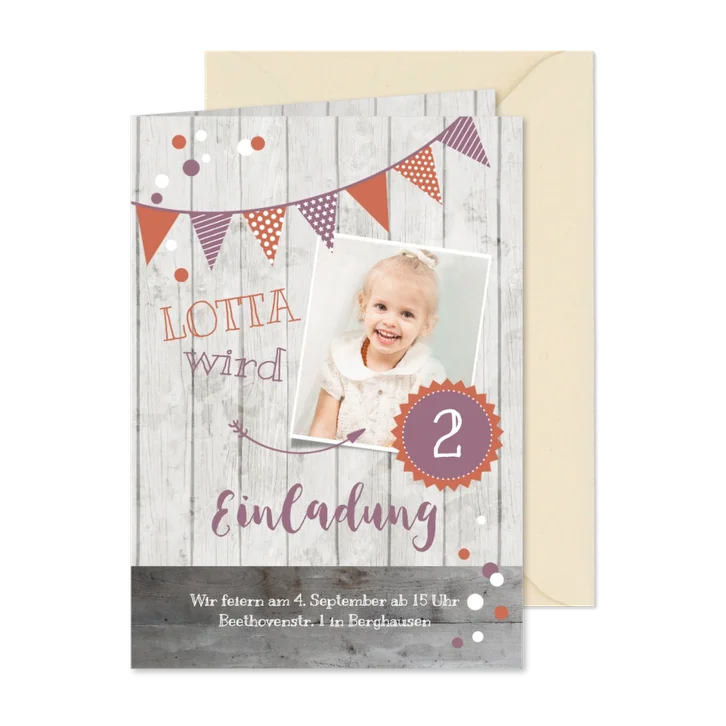 Einladung zum 2. Kindergeburtstag Dusky Pink & Orange