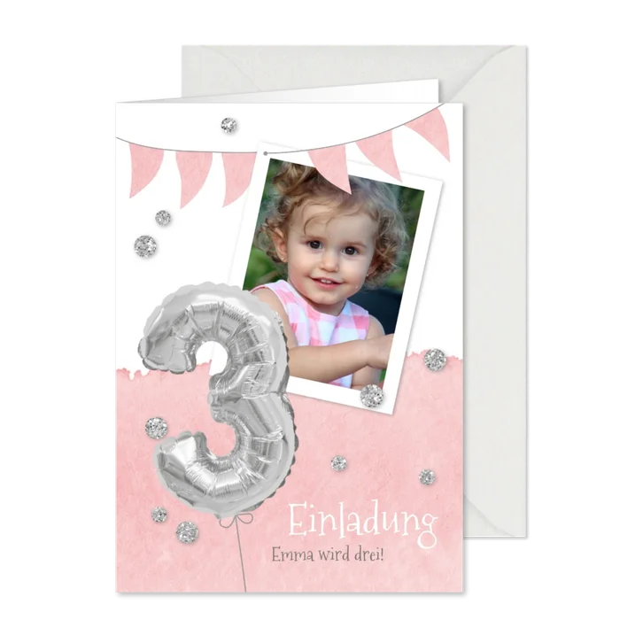 Einladung zum 3. Geburtstag mit Foto und Silberballon