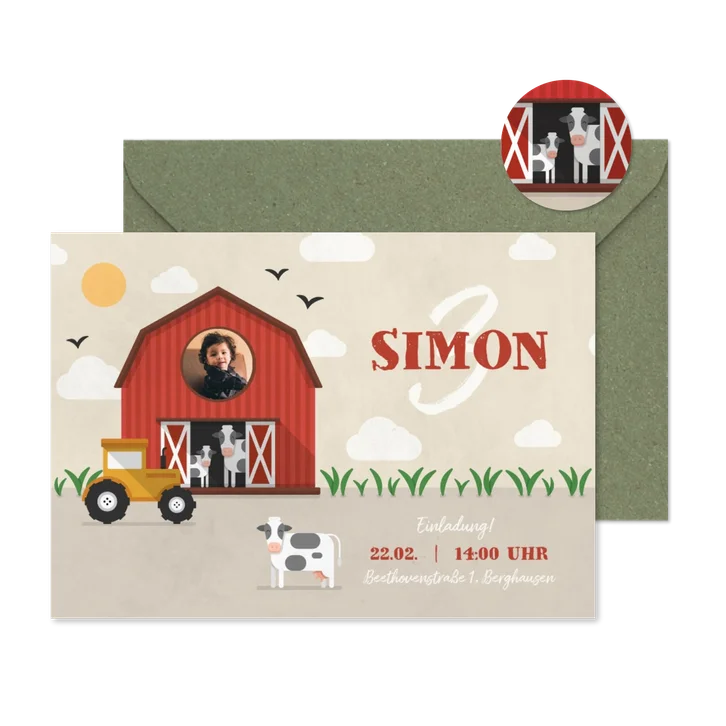Einladung zum 3. Kindergeburtstag Bauernhof mit Kühen