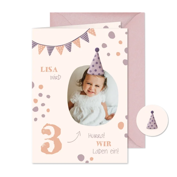 Einladung zum 3. Kindergeburtstag Konfetti mit Foto