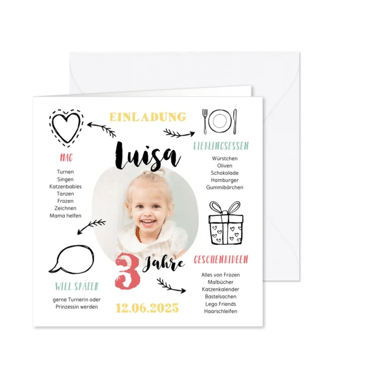 Einladung zum 3. Kindergeburtstag Mädchen Herz & Geschenk