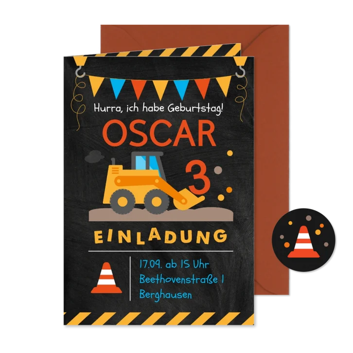 Einladung zum 3. Kindergeburtstag mit Bagger