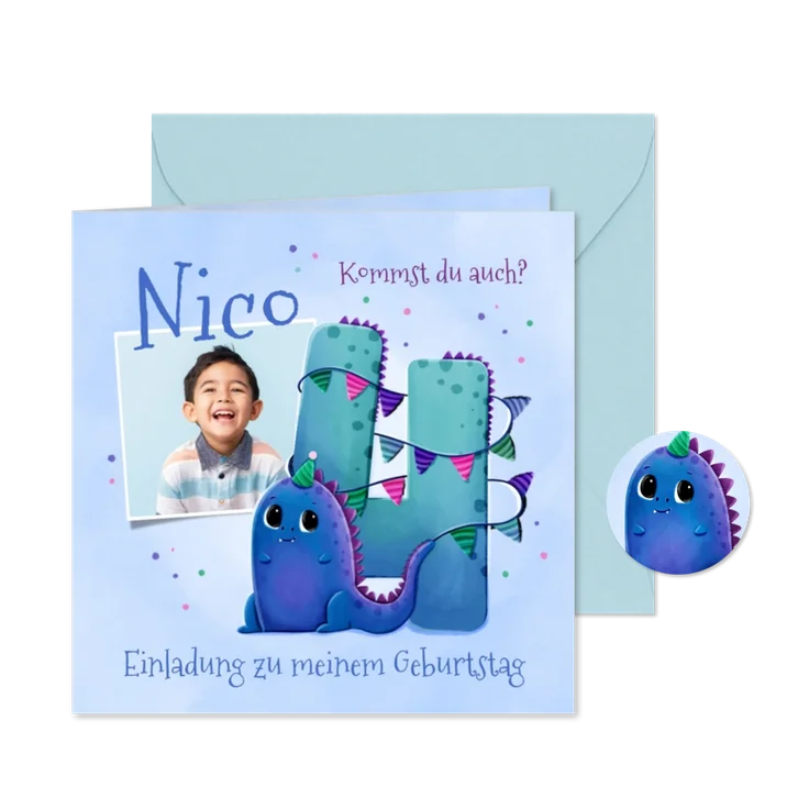 Einladung zum 4. Geburtstag kleiner Dino & Foto