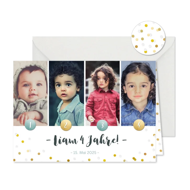 Einladung zum 4. Kindergeburtstag mit vier Fotos