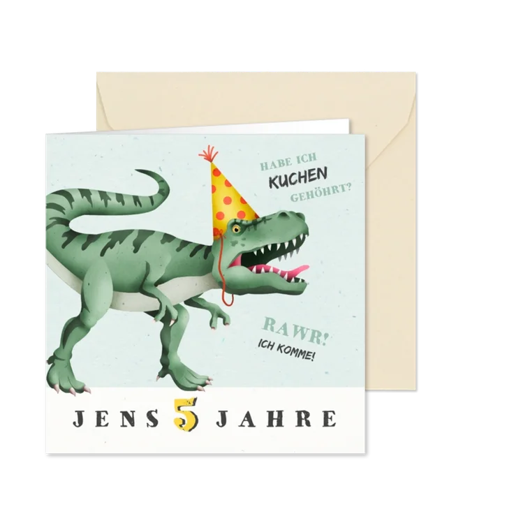 Einladung zum 5. Kindergeburtstag Dinosaurier mit Hut
