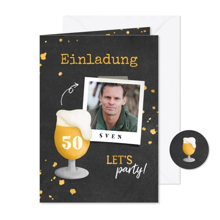 Einladung zum 50. Geburtstag mit Bierglas und Foto