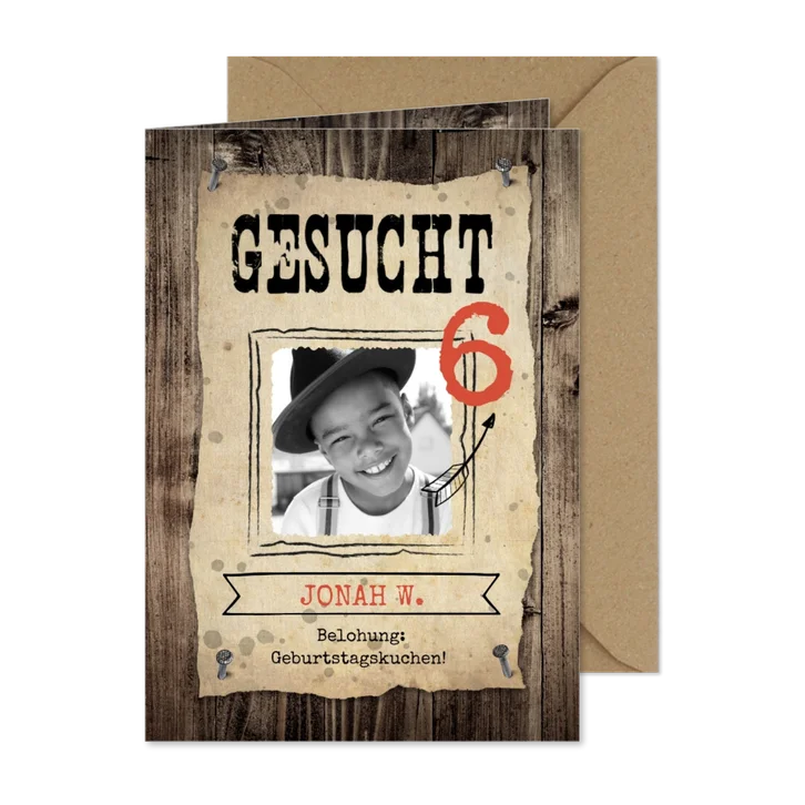Einladung zum 6. Kindergeburtstag 'Gesucht' Cowboy
