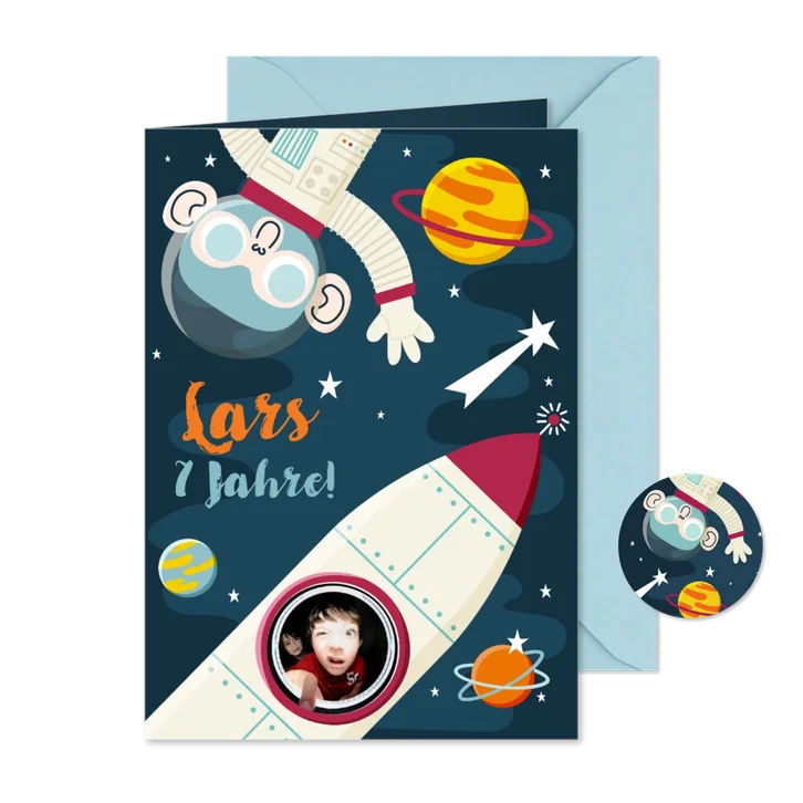 Einladung zum 7. Kindergeburtstag Planeten und Rakete