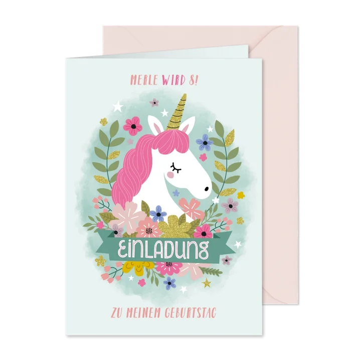 Einladung zum 8. Kindergeburtstag Einhorn und Blumen