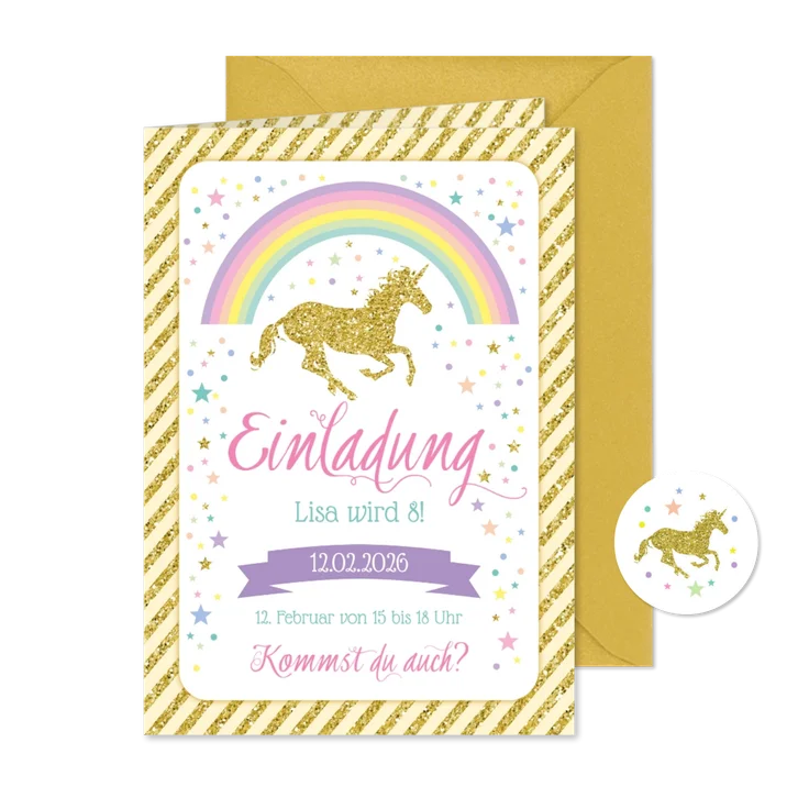 Einladung zum 8. Kindergeburtstag Goldenes Einhorn