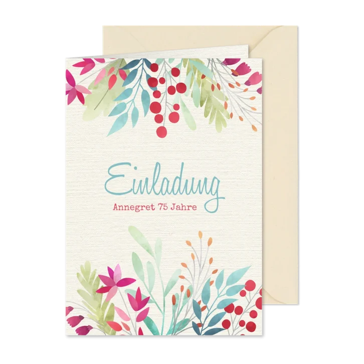 Einladung zum Geburtstag Blumen auf Leinenstruktur