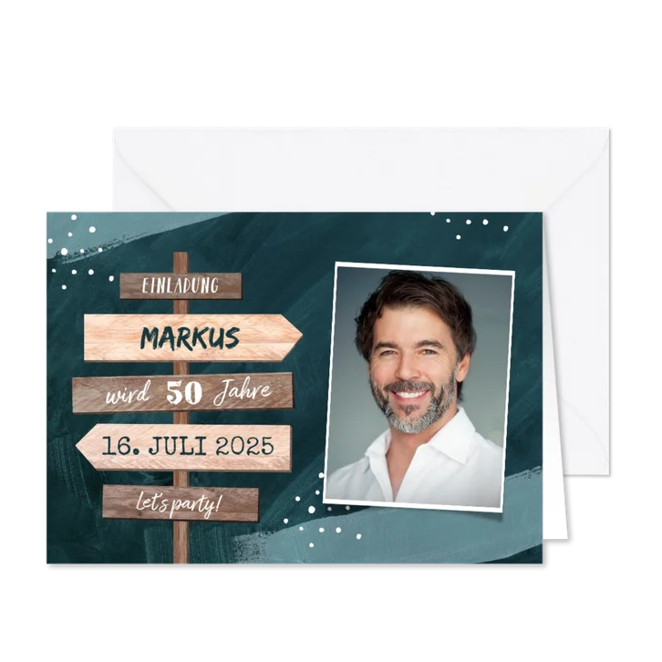 Einladung zum Geburtstag mit Wegweiser Mann