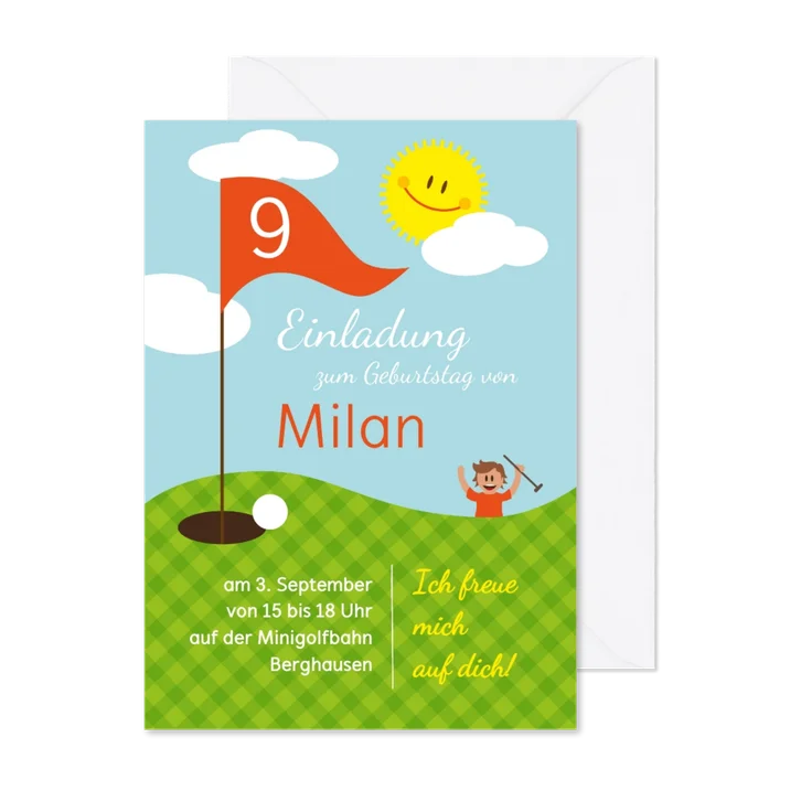 Einladung zum Golf-Kindergeburtstag orange 9 Jahre