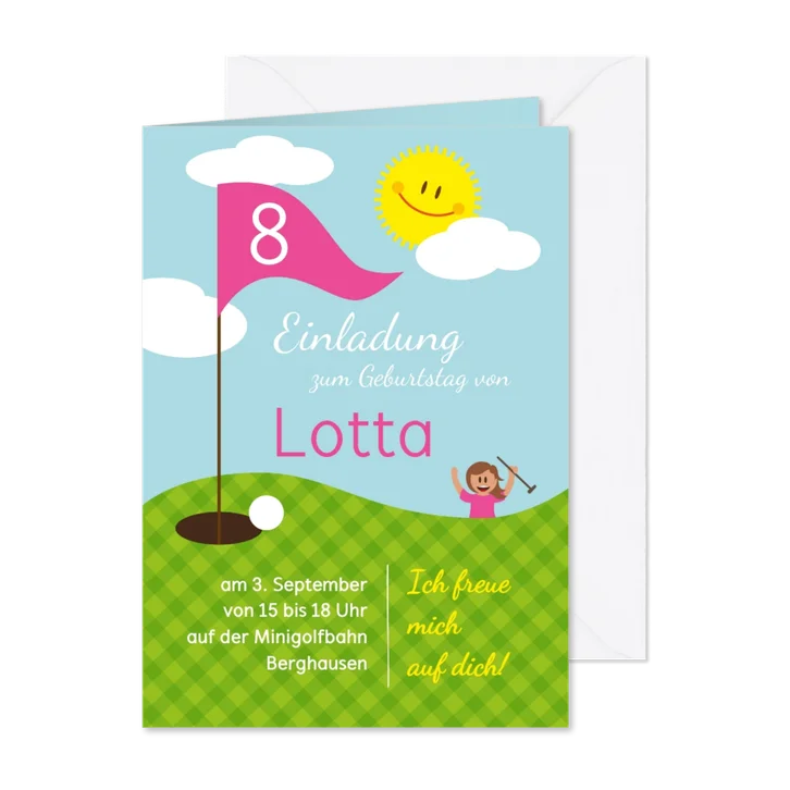 Einladung zum Golf-Kindergeburtstag pink 8 Jahre