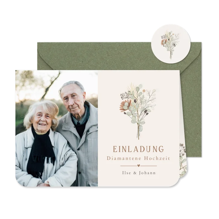 Einladung zum Hochzeitsjubiläum Blumenstrauß & Foto