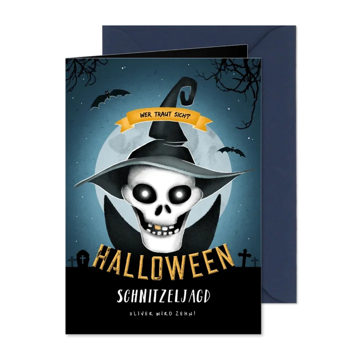 Einladung zum Kinder-Halloween-Fest Totenkopf mit Hut