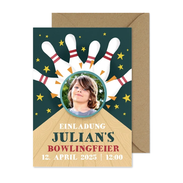 Einladung zum Kindergeburtstag Bowlingbahn mit Foto
